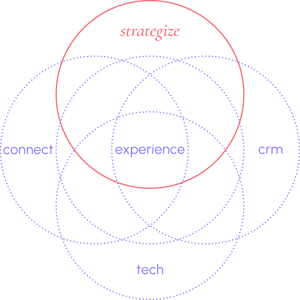 Image showing the five circles strategize, connect, experience, crm and tech of mai group and the strategize circle is highlighted