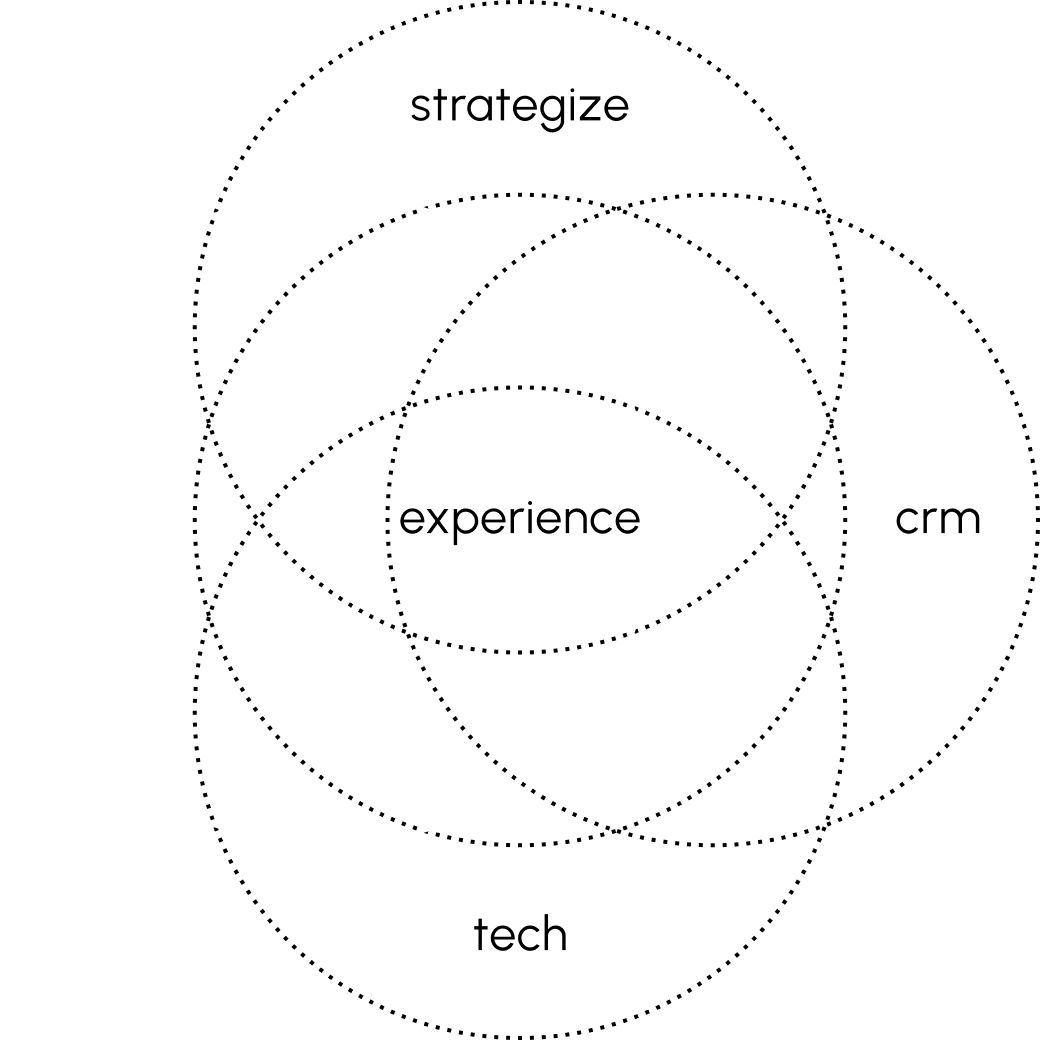 Image showing the five circles strategize, connect, experience, crm and tech of mai group and the connect circle is highlighted