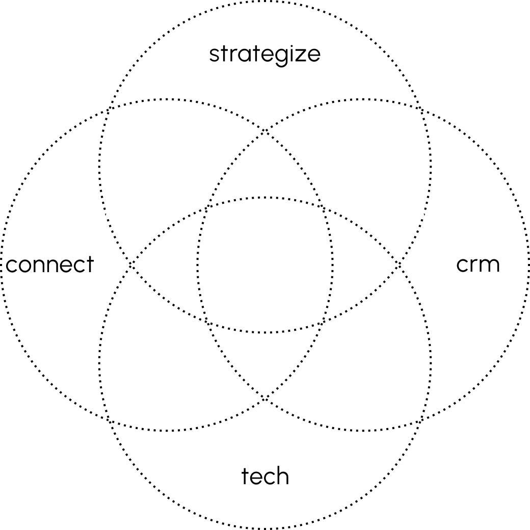 Image showing the five circles strategize, connect, experience, crm and tech of mai group and how they overlap in the experience domain