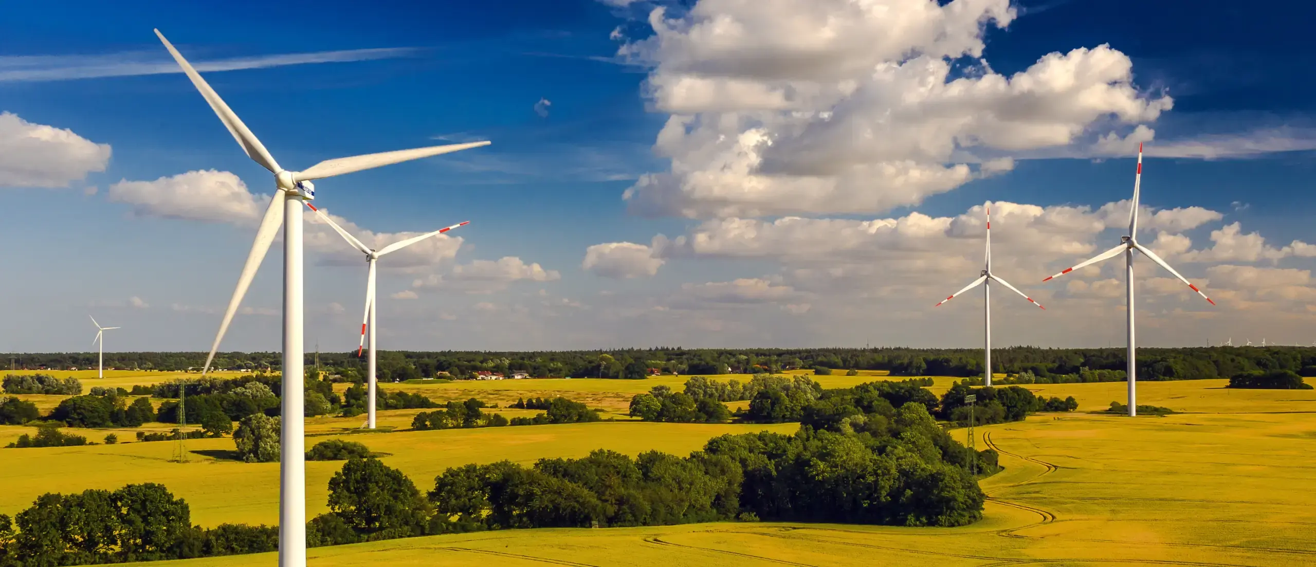 Windräder auf einem Feld von einem nationalen Infrastruktur- und Energiekonzern